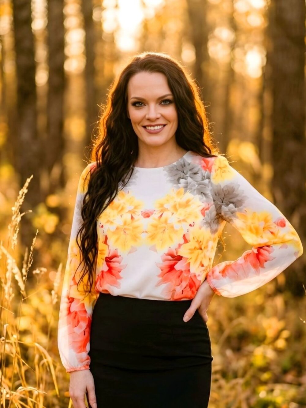 Calvin Klein ✦ Sheer Floral Peasant Blouse ✦ Yellow Orange Gray Long‑Sleeve XS